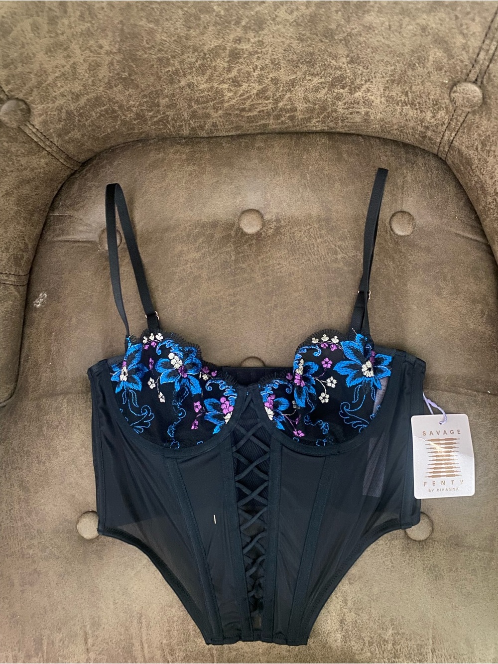 Savage X Fenty Black Bustier with Blue & Purple Floral Embroidery